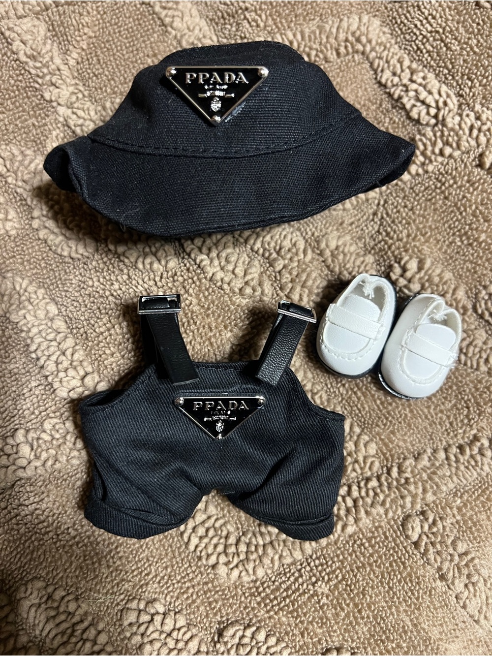 Labubu Black Bucket Hat & Overalls Set with White Shoes